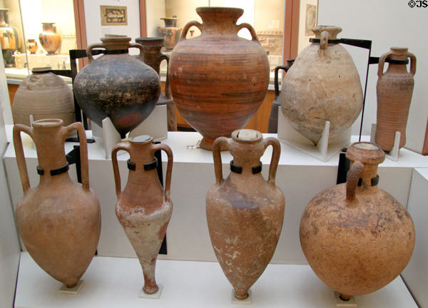 Collection of Greek & Roman Amphorae for oil or wine showing variety of shapes (6thC BCE - 8thC CE) from Mediterranean world at British Museum. London, United Kingdom.
