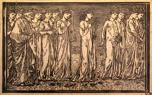 Psyche is walked to the Hill graphic by Edward Burne-Jones in Earthly Paradise poem (1870) by William Morris for Kelmscott Press at Morris Gallery. London, United Kingdom.