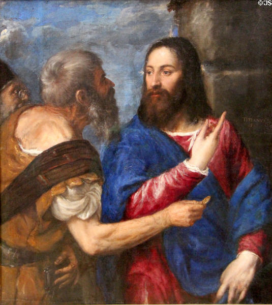 Tribute Money painting (1560-8) by Titian at National Gallery. London, United Kingdom.