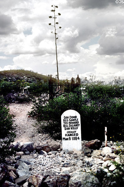 Boothill Cemetery tombstone of 5 legally hanged men on March 8, 1884. Tombstone, AZ.