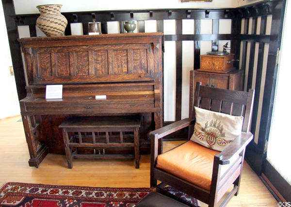 Arts & Crafts piano & bench (1900-1930) by J.M. Young Co. of Camden, NJ plus arm chair, music cabinet & gramophone in Corbett House at Tucson Museum of Art. Tucson, AZ.