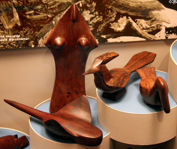 Seri (Comcáac) ironwood carvings of figure, ray, roadrunner & bird (1960-70s) from Northwest Mexico at Arizona State Museum. Tucson, AZ.