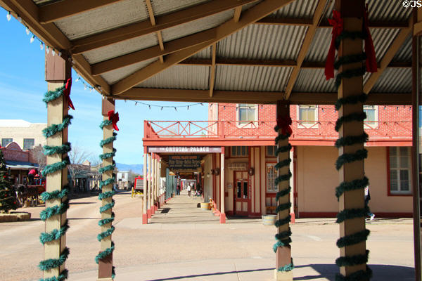 Covered sidewalks of Allen Street frame Crystal Palace. Tombstone, AZ.