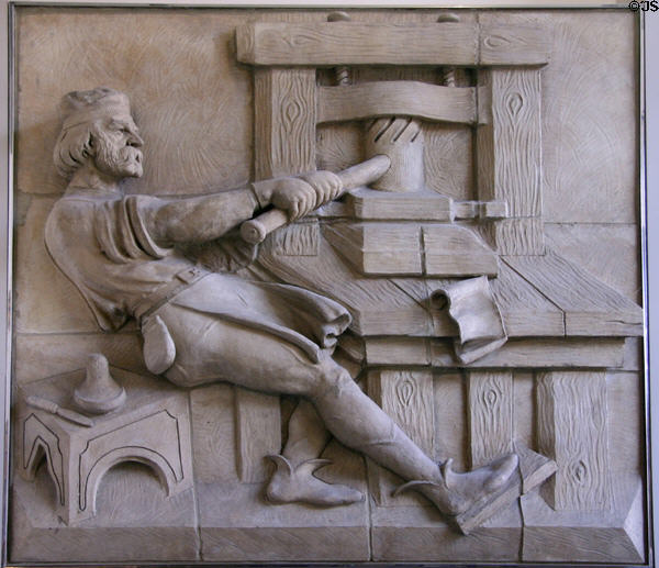 Relief showing early printing press at Gold Rush History Center. Sacramento, CA.