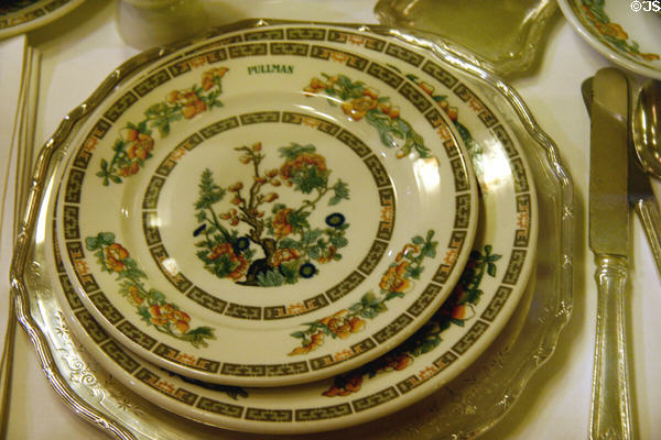 Pullman sleeping car service Indian Tree pattern dinner service (1923-62) at California State Railroad Museum. Sacramento, CA.