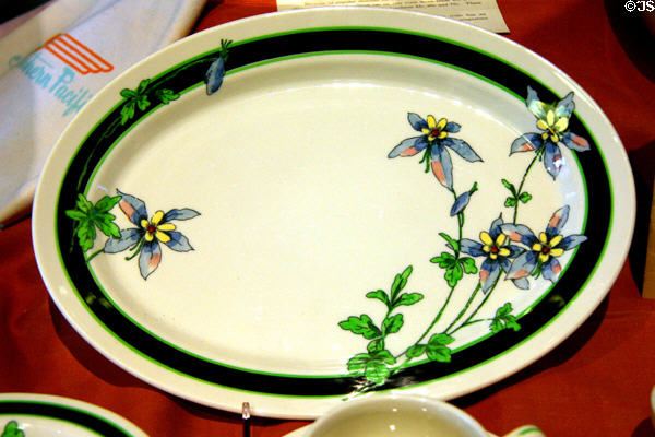 Union Pacific Railroad Columbine pattern dinner plate (1930s) at California State Railroad Museum. Sacramento, CA.