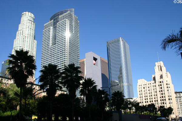 LA skyline above Pershing Square. Los Angeles, CA.