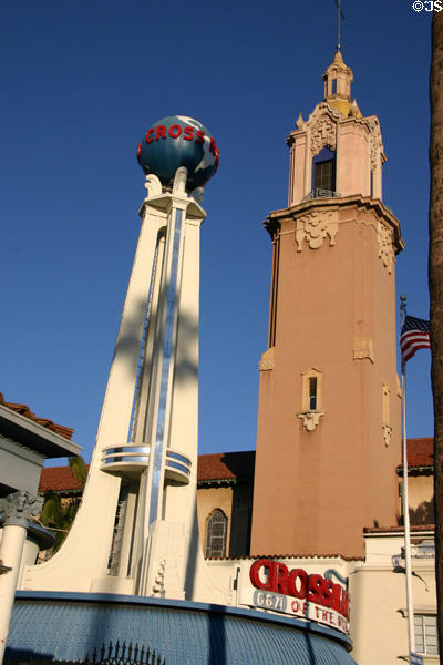 Globe atop tower of Crossroads of the World mall. Hollywood, CA.