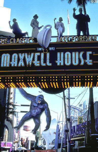 Statues of Universal stars promote coffee at Universal Studios CityWalk shopping arcade. Universal City, CA.