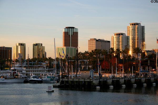 Skyline of Long Beach at sunset. Long Beach, CA.