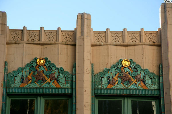 Art Deco terra cotta tiles with birds & fish of Rowan Building. Long Beach, CA.