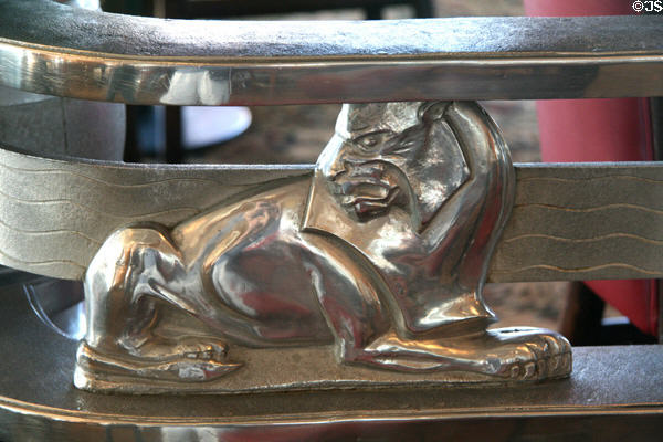 Art Deco lion on railing of Promenade Deck Observation Bar of Queen Mary. Long Beach, CA.