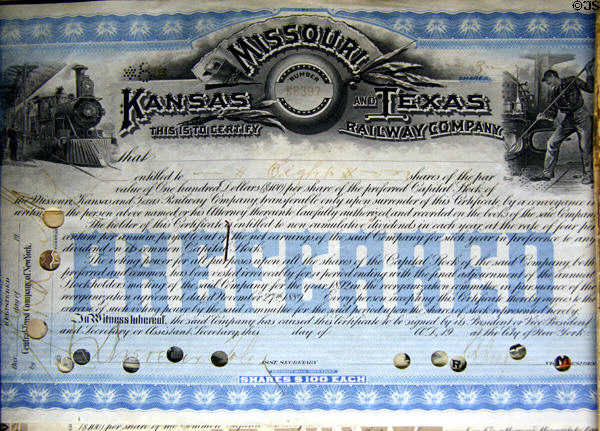 Missouri-Kansas-Texas Railroad stock certificate at Lomita Railroad Museum. Lomita, CA.