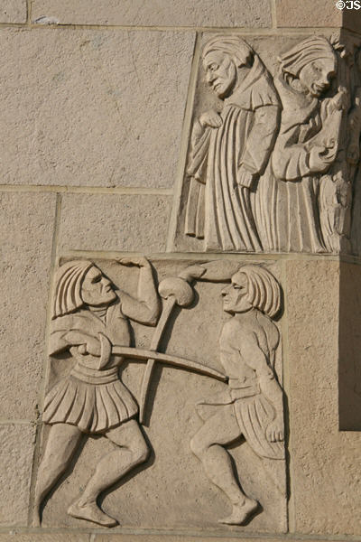 Fencing relief on Gwynn Wilson Student Union at USC. Los Angeles, CA.
