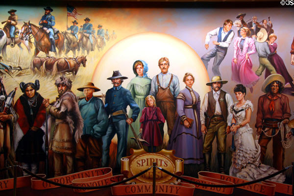 Sprits West mural showing people who settled American West at Autry National Center. Los Angeles, CA.