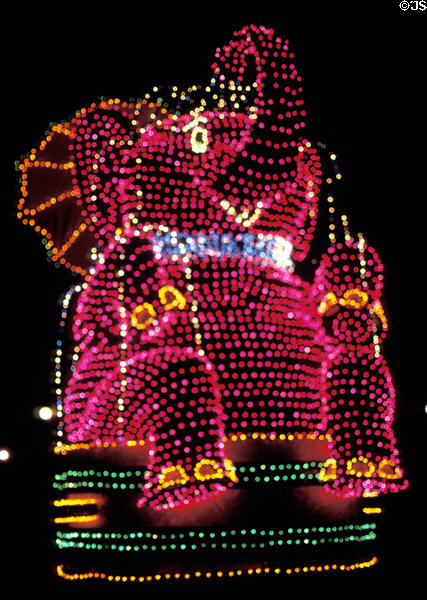 Nighttime lighted float of pink elephant at Disneyland ®. Anaheim, CA.