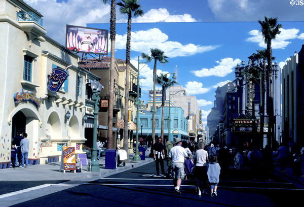Hollywood street replica complete with painted cloud backdrop against real clouds at Disney's California Adventure . Anaheim, CA.