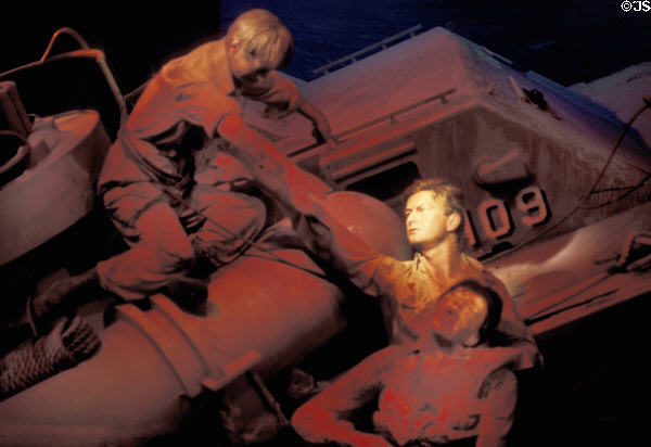 PT109 film about John F. Kennedy's WW II heroism shows patrol boat sinking at Movieland Wax Museum. Buena Park, CA.