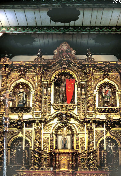 High altar of original church at Mission San Juan Capistrano, considered to be California's oldest standing building. Capistrano, CA.