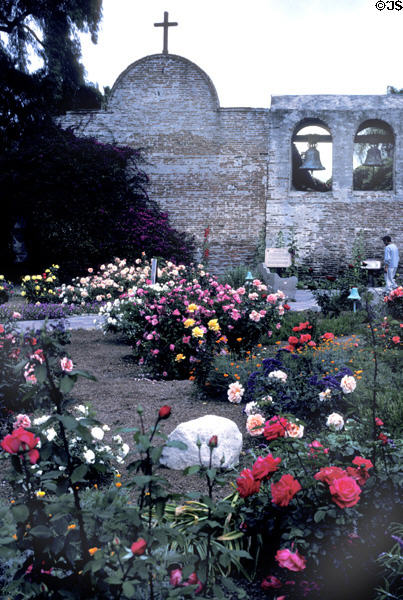 Rose gardens of Mission San Juan Capistrano. Capistrano, CA.