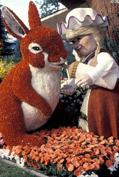 Rose Parade float detail of rabbit & girl. Pasadena, CA.