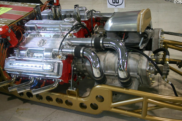 Twin Chevy V8s of dragster "Two Thing" (1960s) at San Diego Automotive Museum. San Diego, CA.