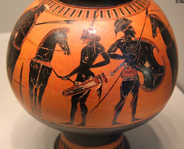 Greek terracotta black-figure wine cooler (psykter) with Scythian Archer (c530 BCE) from Athens at Getty Museum Villa. Malibu, CA.