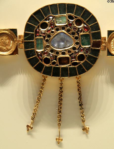 Detail of Roman gold & gemstone coin belt (379-400 CE) at Getty Museum Villa. Malibu, CA.