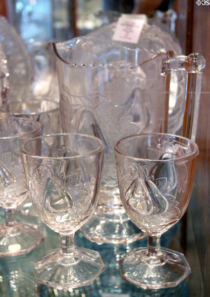 Baltimore Twin Pear glass pitcher & goblets (1891) by Adams & Co. at Historical Glass Museum. Redlands, CA.