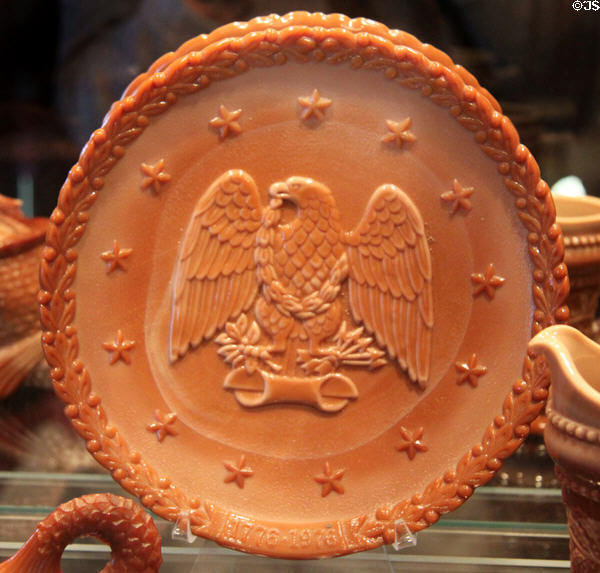 Pressed glass bicentennial plate with eagle (1976) at Historical Glass Museum. Redlands, CA.
