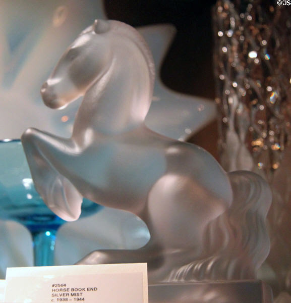 Etched glass horse bookend (c1938-1944) at Historical Glass Museum. Redlands, CA.