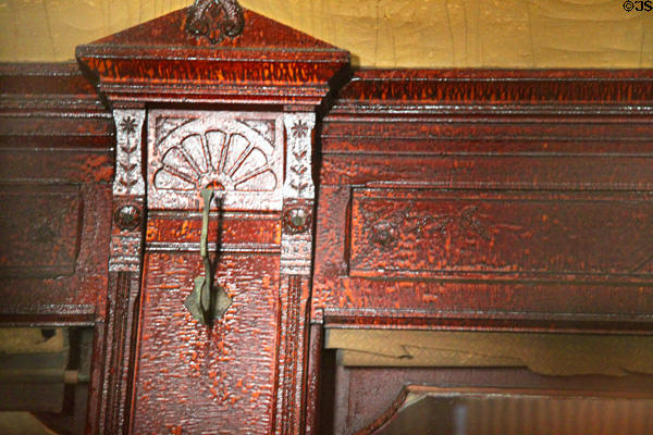 Grizzly Flats railway woodwork & coat hook in passenger car at Orange Empire Railway Museum. Perris, CA.