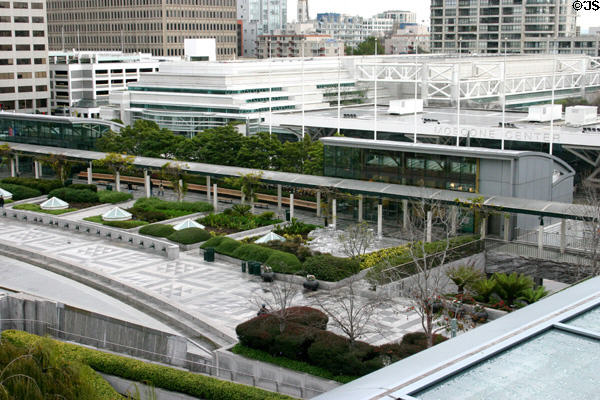 Moscone Convention Center (1981) south of Yerba Buena Gardens. San Francisco, CA. Architect: Hellmuth, Obata & Kassabaum.
