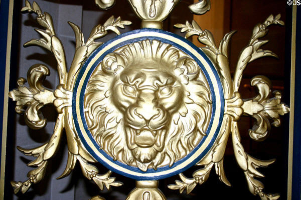 City Hall gilded lions face in railing. San Francisco, CA.