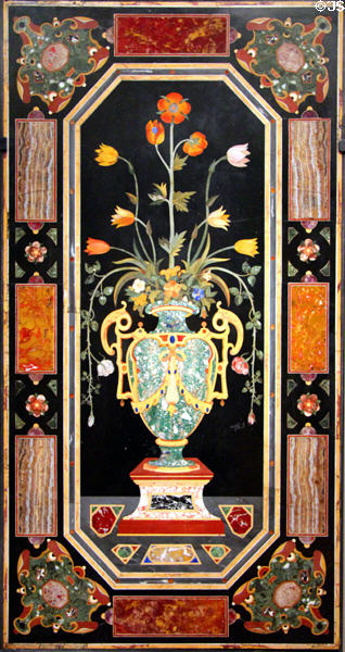 Colored stone panel showing flowers (1600-50) from Florence Italy at Legion of Honor Museum. San Francisco, CA.