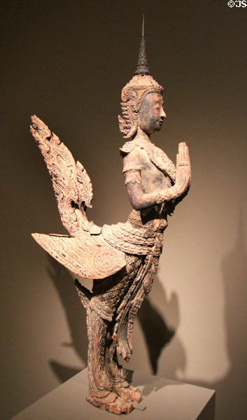 Wooden mythical bird-man (c1775-1850) from central Thailand at Asian Art Museum. San Francisco, CA.