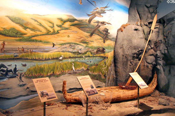 Native history with Ohlone reed boat builders display at Maritime National Park Welcome Center. San Francisco, CA.