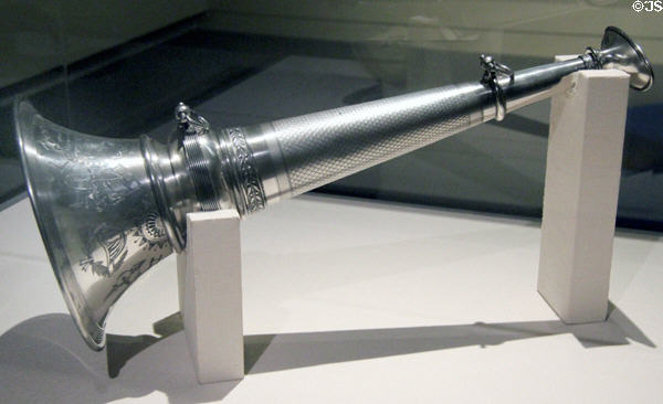 Oakland Fire Department silver ceremonial presentation trumpet (1880) at Oakland Museum of California. Oakland, CA.