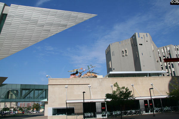 New Liebeskind wing of Denver Art Museum points to original fortress like building by Ponti. Denver, CO.