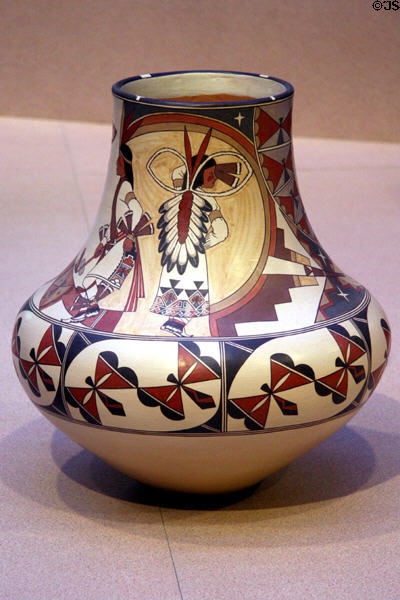 Santa Clara Pueblo painted clay jar with ceremonial dancers over butterflies (1997) by Lois Gutierrez-De la Cruz at Denver Art Museum. Denver, CO.
