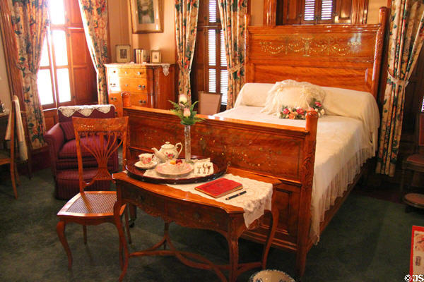 Bedroom with inlaid headboards at Rosemount House Museum. Pueblo, CO.