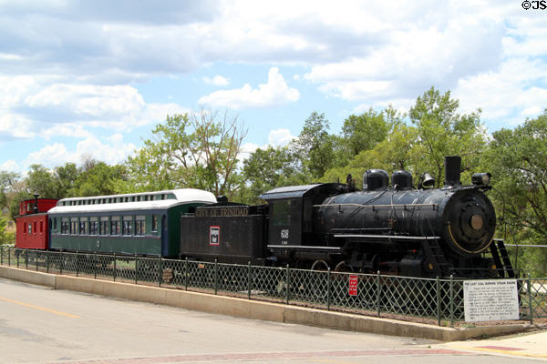 Antique steam locomotive #638 with passenger car & caboose. Trinidad, CO.