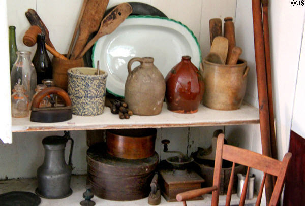 Pantry with crockery & kitchen devices at Thomas Griswold House. Guilford, CT.
