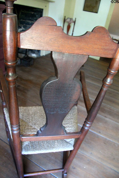 Armchair etched with family names at Thomas Griswold House. Guilford, CT.