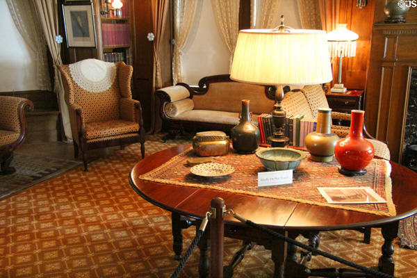 Second Library with gateleg table (c1710) with a collection of antique Chinese objects at Hill-Stead Museum. Farmington, CT.