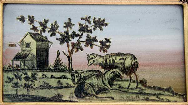 Details of early American mirror painted with scene of sheep or goats at Oliver Ellsworth Homestead Museum. Windsor, CT.
