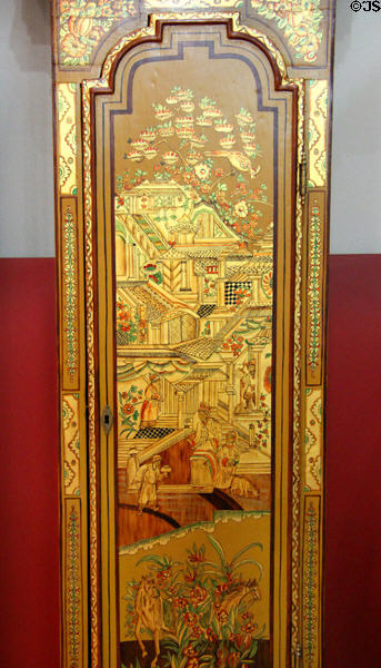 Detail of tall case clock (c1730) by George Prior of London with restored second quarter 18th C gilding at Wethersfield Museum. Wethersfield, CT.