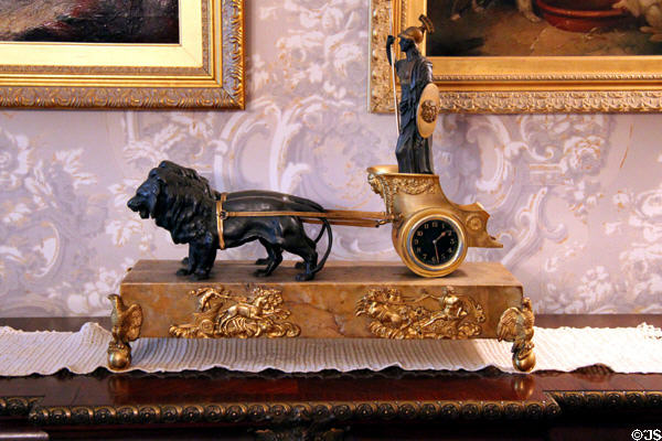 Table clock with lions pulling Britannia supported by eagles at Hurlbut-Dunham House. Wethersfield, CT.