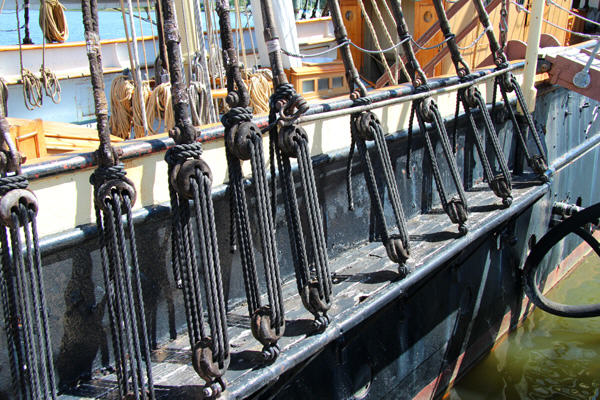 Rigging details of three-masted tall ship Joseph Conrad at Mystic Seaport. Mystic, CT.