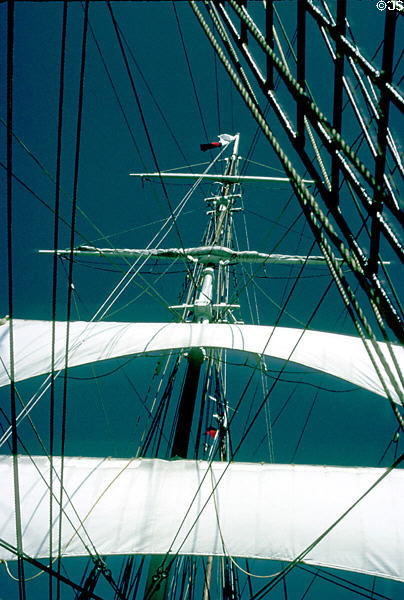 Sails of Charles W. Morgan wooden whaleship (1841) at Mystic Seaport. Mystic, CT.